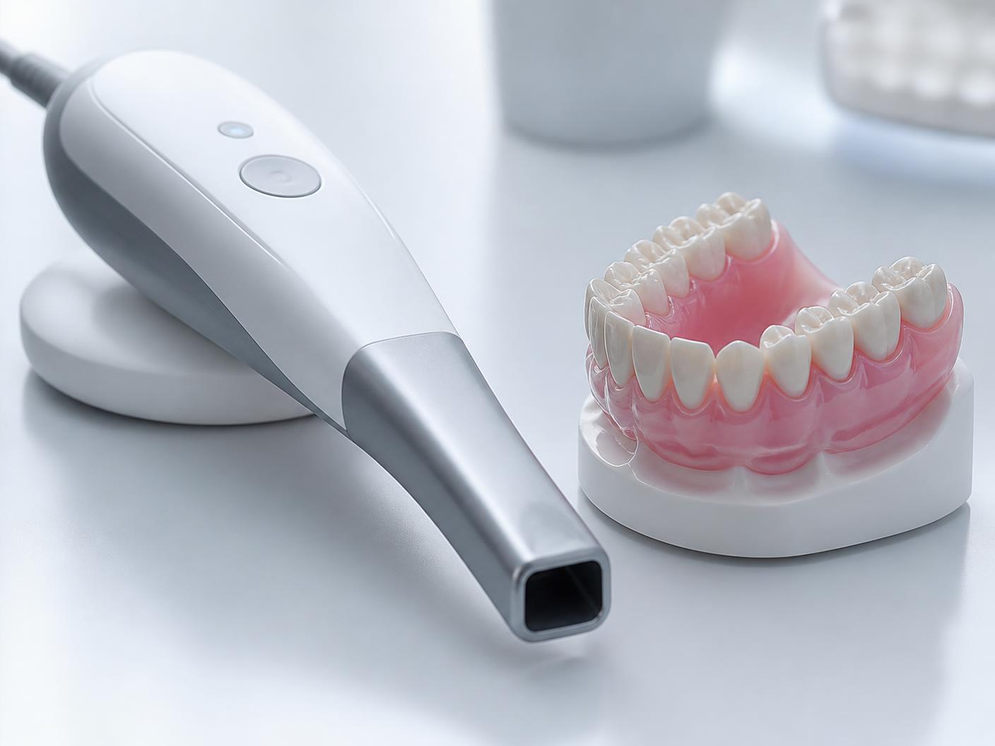 Intraoral scanner wand beside a 3D printed dental model with pink tissue